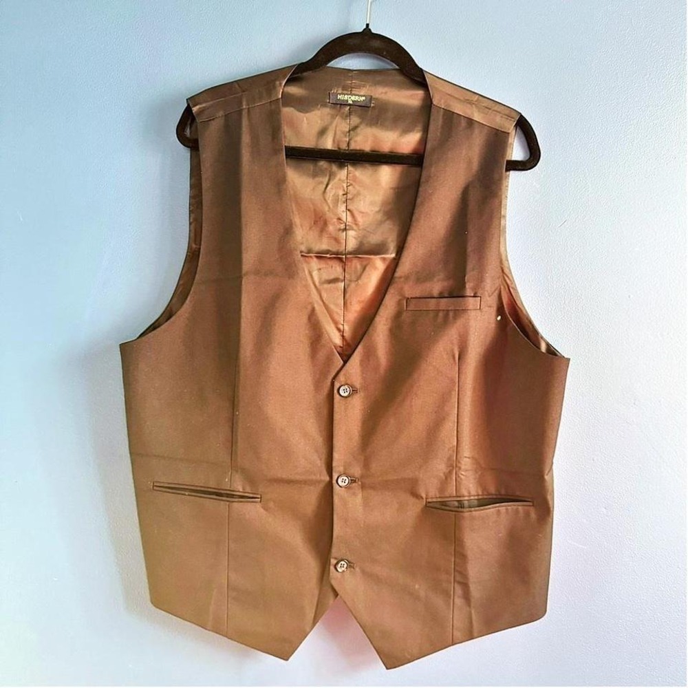 Hisdern Black Vest men's Size XL Handmade Waistcoat Formal Wedding Prom Suiting
